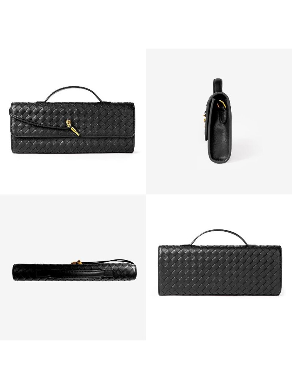〽️Women's Black Clutch Purse Woven Vegan Leather Formal Evening Crossbody Bags - Picture 3 of 7